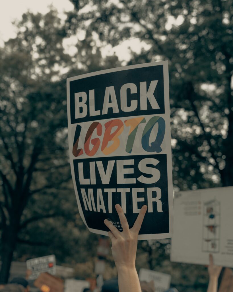 A poster with the text "BLACK LBGTQ LIVES MATTER" written on it.