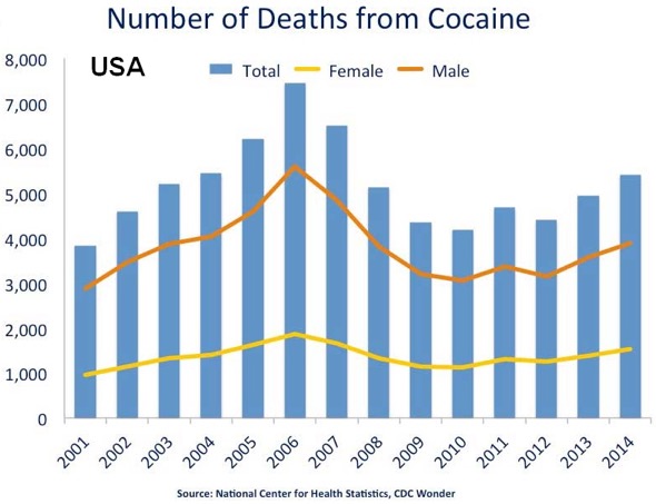 A diagram of the number of deaths from cocaine from 2001 to 2014 and from 0 to 8000 deaths.