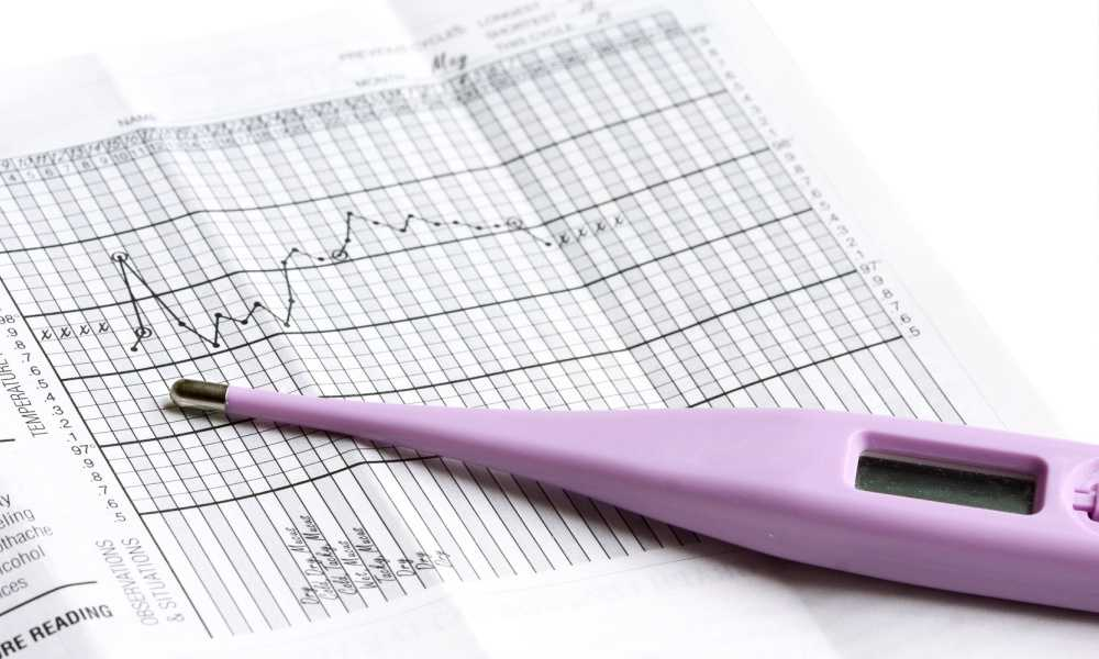 A light purple thermometer over a paper with a graph.