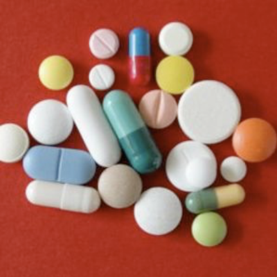 Various shaped and colored medications. 
