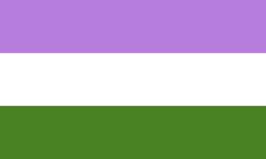 The genderqueer flag. The flag has a purple stripe on top, white stripe on the middle, and green stripe at the bottom.