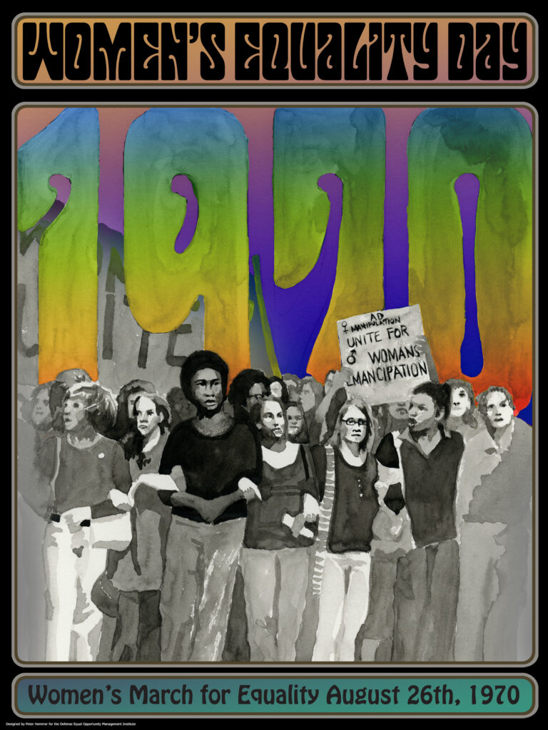 A painting of a group of women gathered in a protest. The words "Women's Equality Day" and "1920" are on the painting.