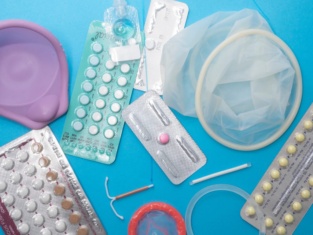 Contraceptives: birth control pills, condoms, vaginal ring, intrauterine device, and arm implant.