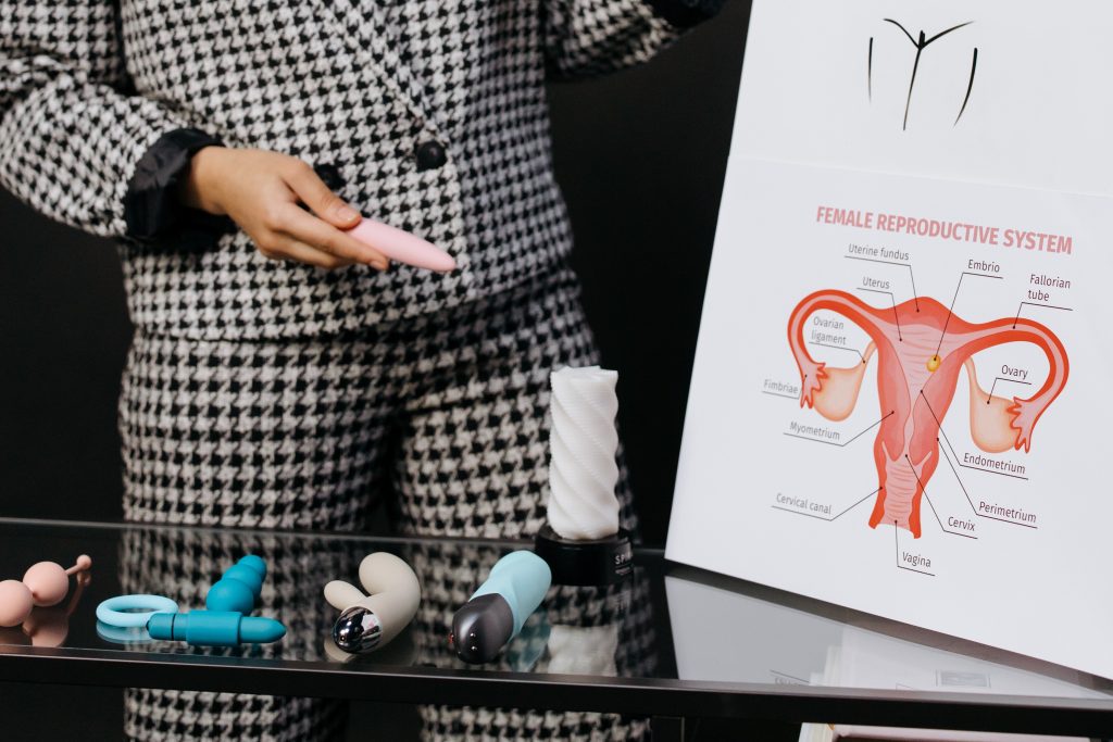 A person holding a sign with a digram of the female reproductive system. There is a table with a variety of sex toys.