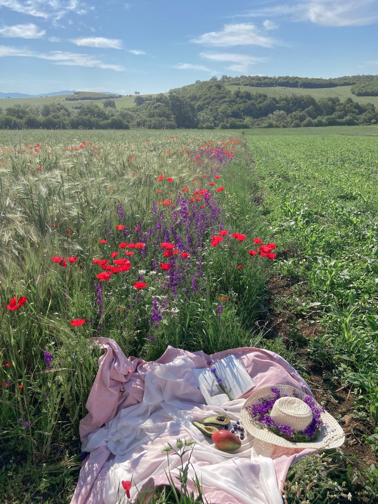 A blanket, a hat, and fruit on top of grass and next to flowers.