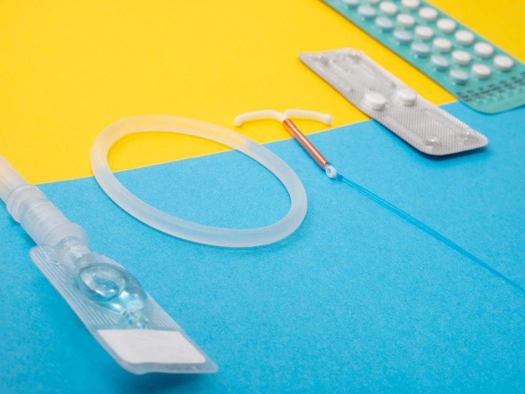 A variety of contraceptive methods, including pills, an intrauterine device, and a vaginal ring.