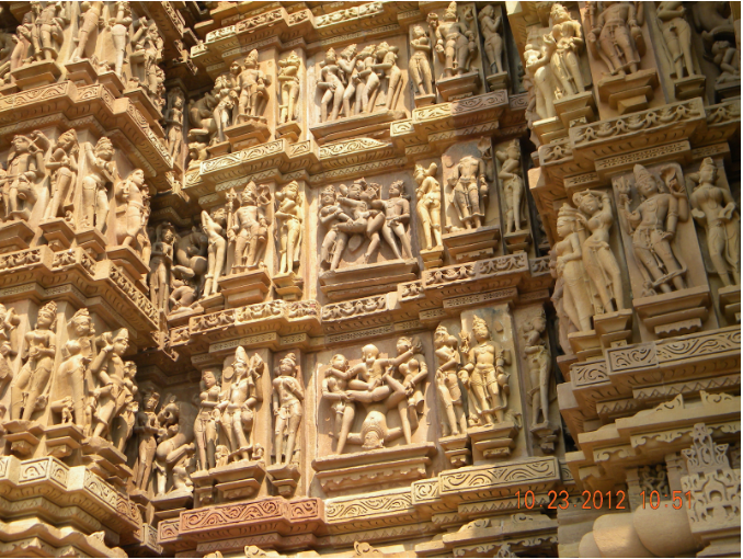 Carvings on a Hindu temple depicting various sexual acts 