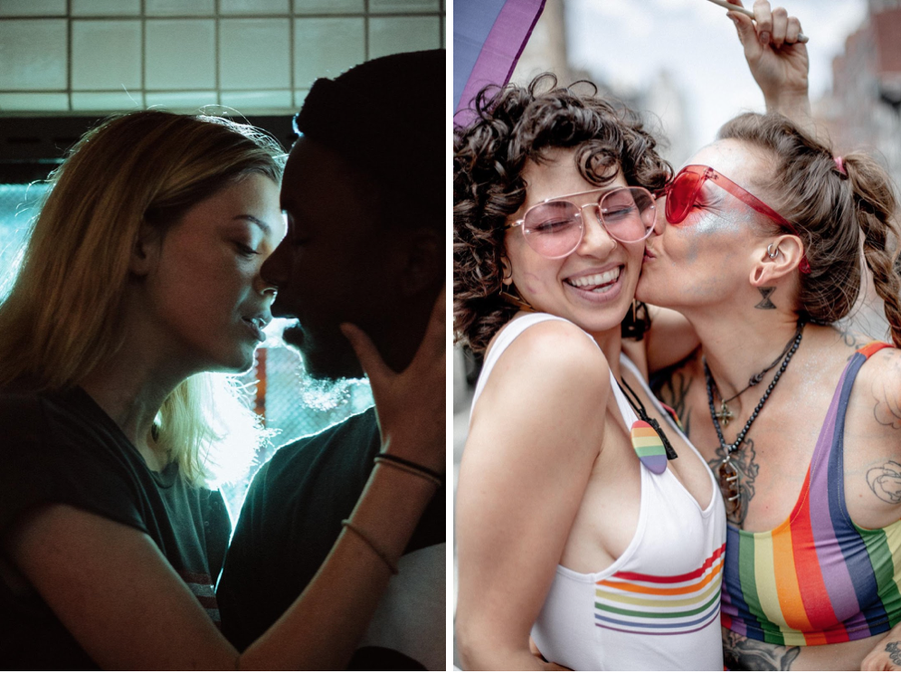 (Left) A couple with their mouths close together, insinuating they are about to kiss. (Right) A couple smiling and kissing each other on the cheek.
