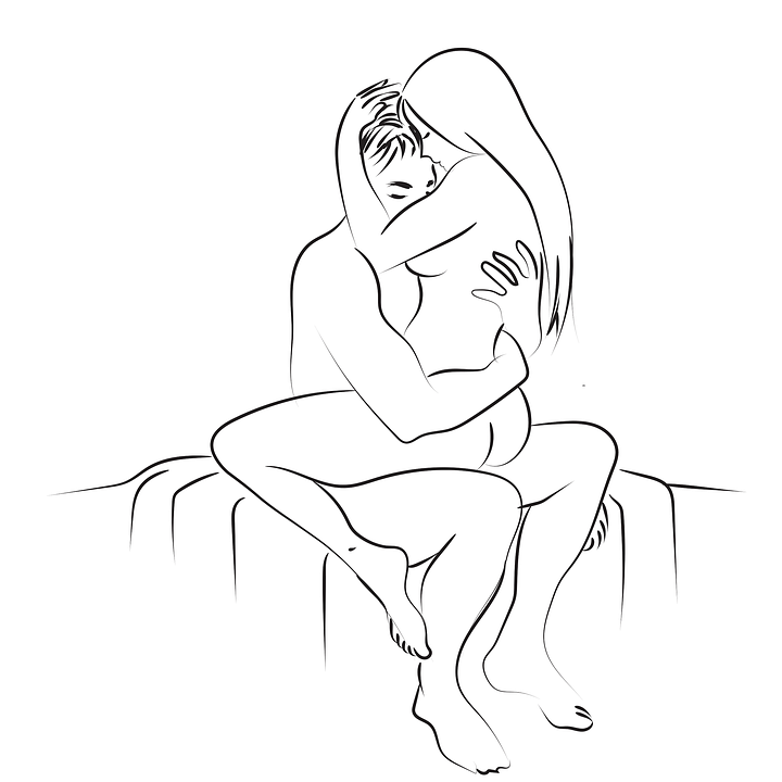 Line drawing of a nude couple sitting on top of a bed and embracing. 
