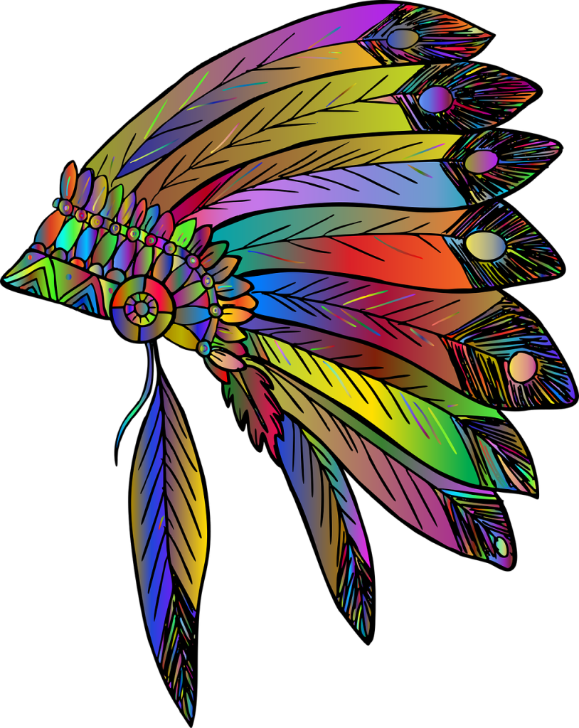 Animated feathered indigenous headdress colored in rainbow colors. 
