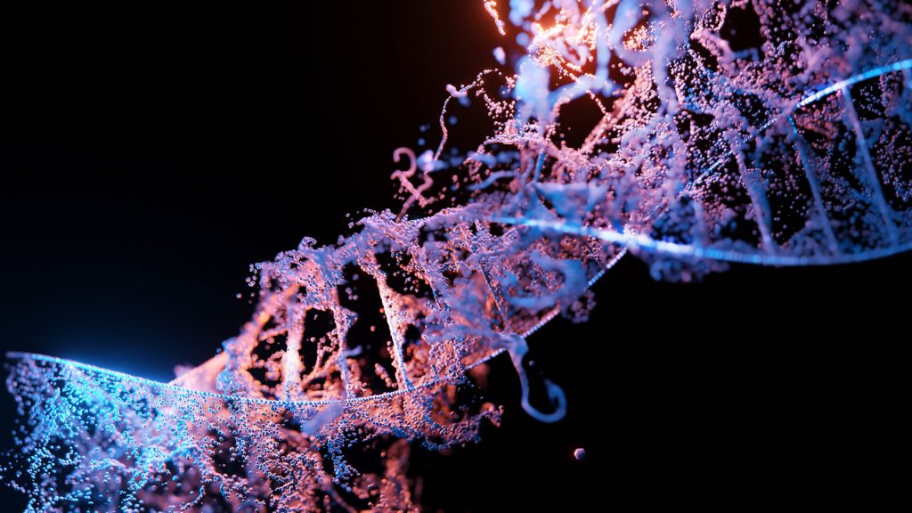 Pink and blue double helix (DNA structure) against a black background with molecules spurring off in all directions.