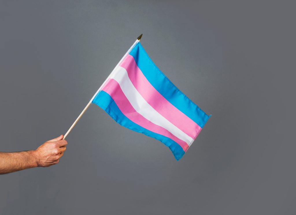 A hand holding a waving trangender pride flag. 